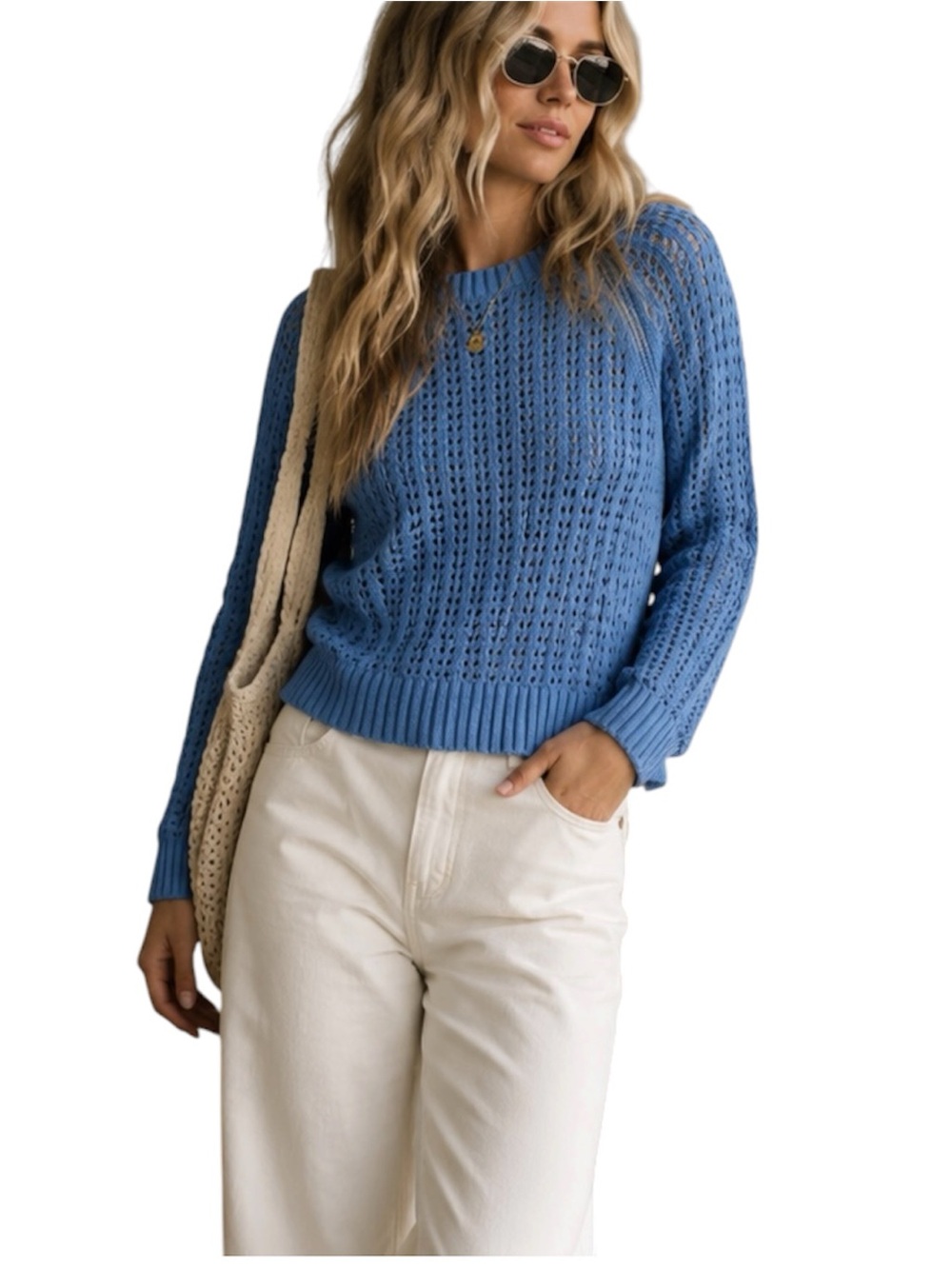 Talbots Blue Open‑Knit Cotton Sweater | Women’s Lightweight Pullover S